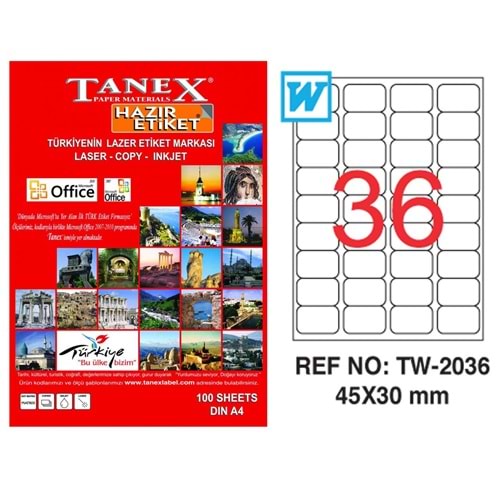 TANEX TW-2036 45x30 MM LASER ETİKET 100 ADET