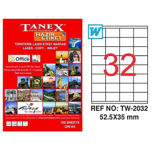 TANEX TW-2032 52,5x35 MM LASER ETİKET 100 ADET
