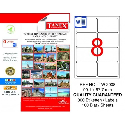 TANEX TW-2008 99,1x67,7 MM LASER ETİKET 100 ADET