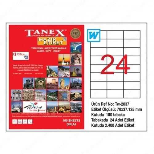 TANEX TW-2037 70x37,125 MM LASER ETİKET 100 ADET