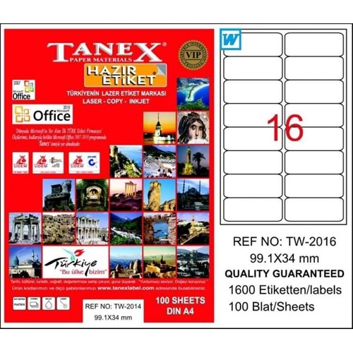 TANEX TW-2016 99,1x34 MM LASER ETİKET 100 ADET