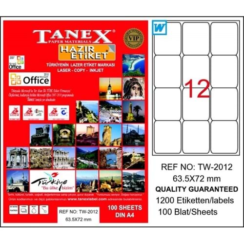 TANEX TW-2012 63,5x72 MM LASER ETİKET 100 ADET
